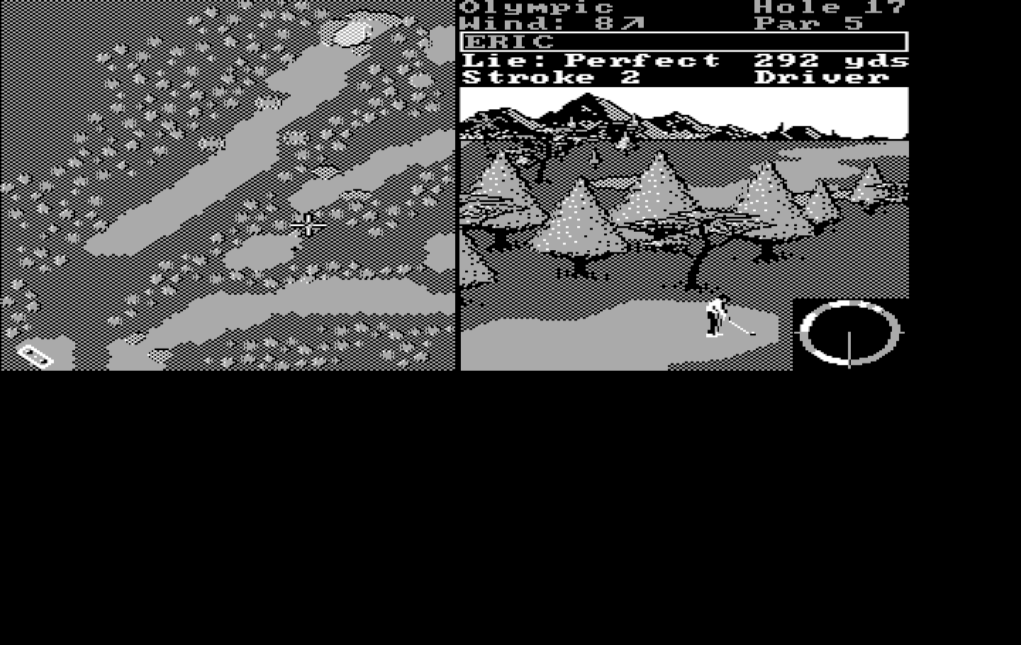 World Tour Golf IBM PC/Compatibles Screenshot: Stuck behind some trees.