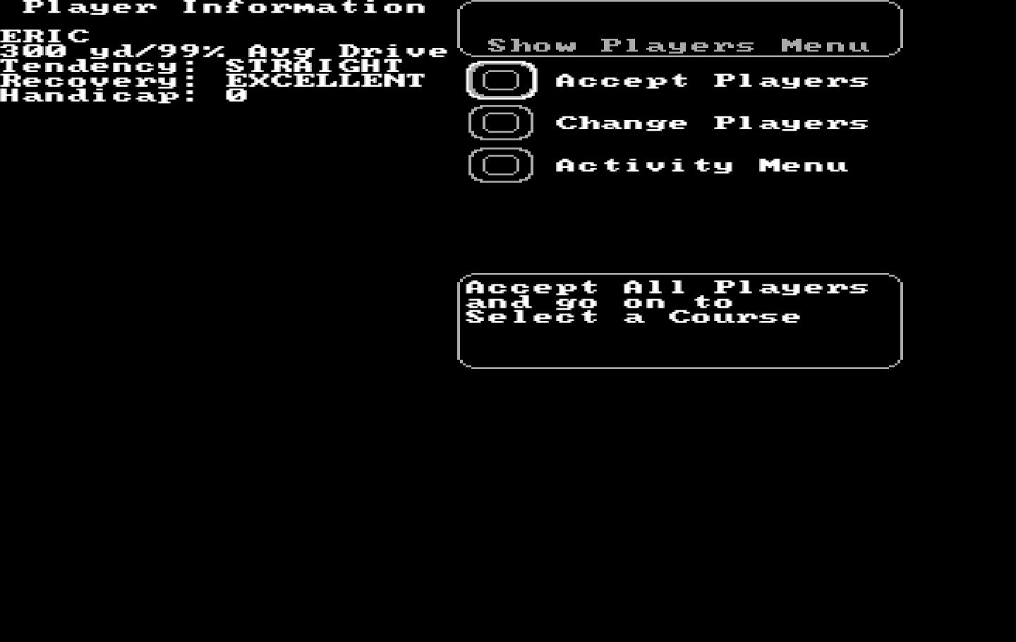 World Tour Golf IBM PC/Compatibles Screenshot: Setting up a new game.