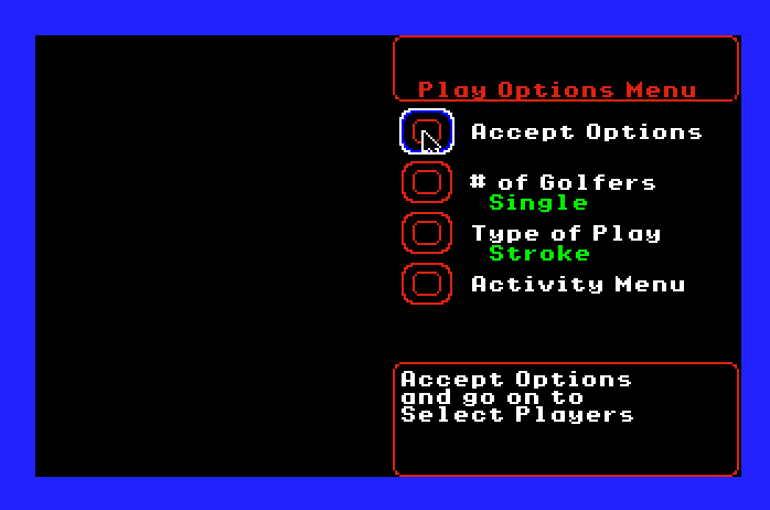 World Tour Golf Apple IIgs Screenshot: Main game menu.