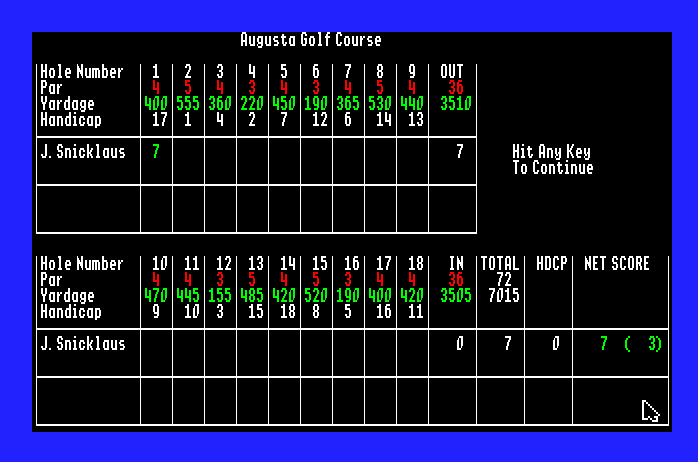 World Tour Golf Apple IIgs Screenshot: The scorecard.