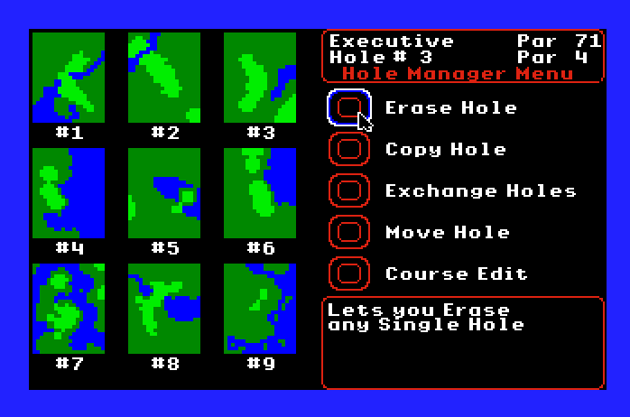 World Tour Golf Apple IIgs Screenshot: The hole manager menu.