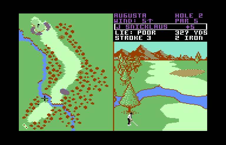 World Tour Golf Commodore 64 Screenshot: That was a bad shot, let's see if I can recover from this...