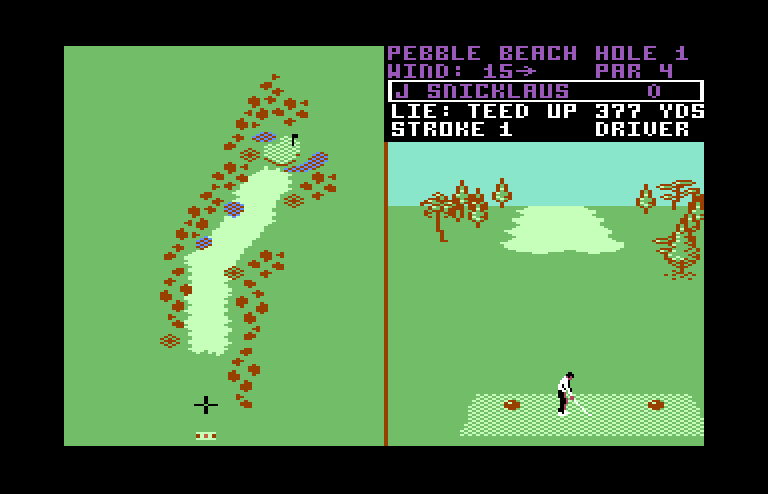 World Tour Golf Commodore 64 Screenshot: The first hole at Pebble Beach.