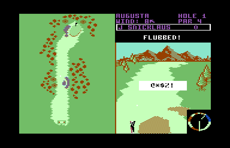World Tour Golf Commodore 64 Screenshot: Flubbed a shot; getting out of the sand is tough.
