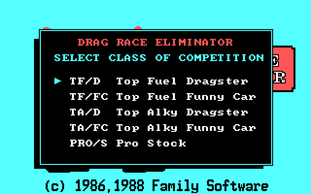 Drag Race Eliminator IBM PC/Compatibles Screenshot: Main menu.