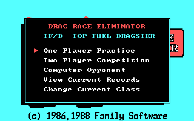 Drag Race Eliminator IBM PC/Compatibles Screenshot: Select a game option to start.