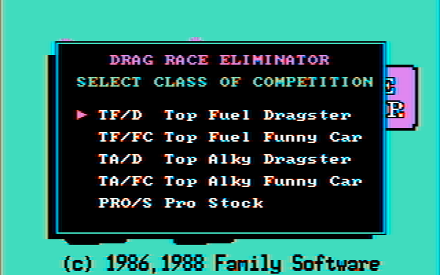 Drag Race Eliminator IBM PC/Compatibles Screenshot: Select a class of competition.