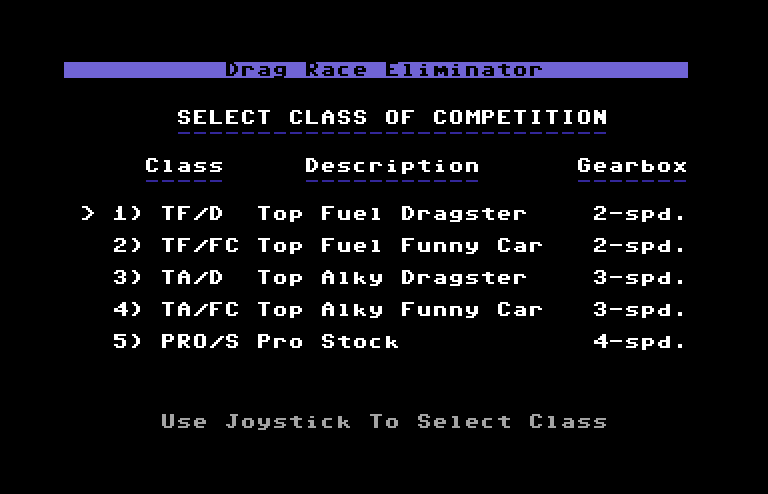 Drag Race Eliminator Commodore 64 Screenshot: High scores.