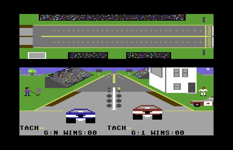 Drag Race Eliminator Commodore 64 Screenshot: Now for a challenge, the pro stock!