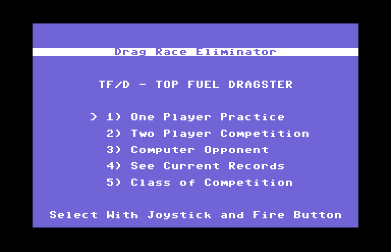 Drag Race Eliminator Commodore 64 Screenshot: Select an option to begin the game.