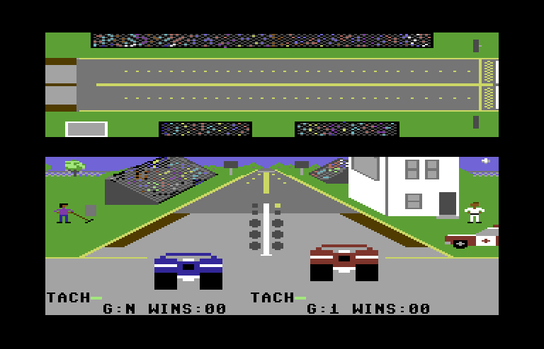 Drag Race Eliminator Commodore 64 Screenshot: Attempting a funny car race.