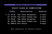 Drag Race Eliminator for Commodore 64 - Select class of competition.