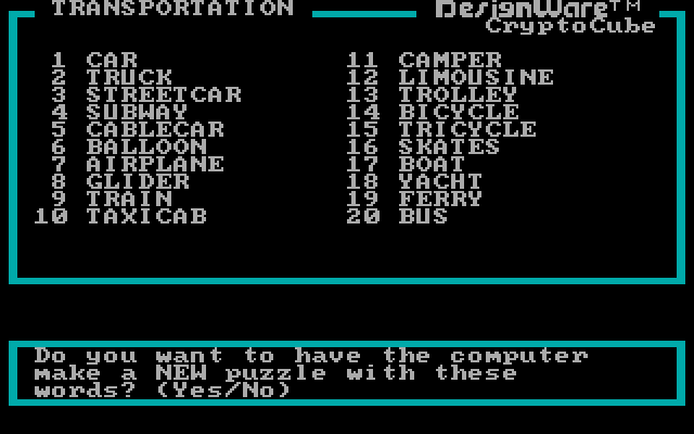 Crypto Cube IBM PC/Compatibles Screenshot: You can optionally view the words in the selected category.