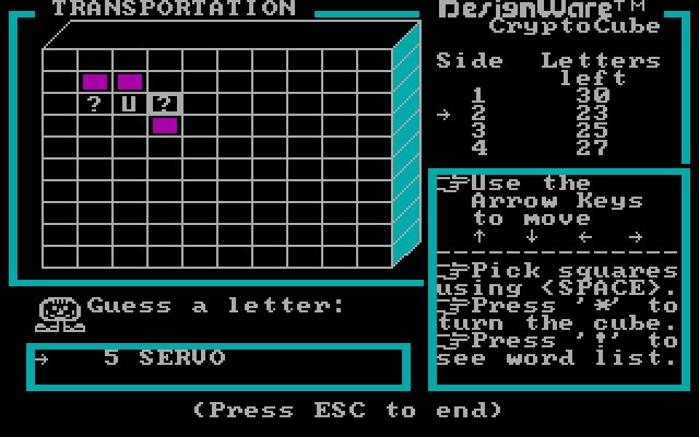 Crypto Cube IBM PC/Compatibles Screenshot: Guess a letter!