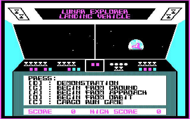 Lunar Explorer: A Space Flight Simulator IBM PC/Compatibles Screenshot: The main menu.