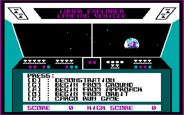 Lunar Explorer: A Space Flight Simulator IBM PC/Compatibles Screenshot: The main menu.