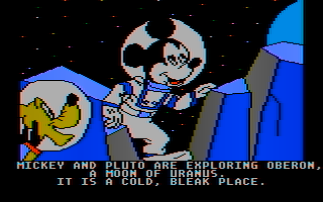 Mickey's Space Adventure IBM PC/Compatibles Screenshot: Exploring Oberon, a moon of Uranus...