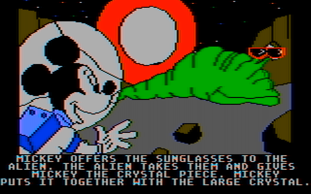 Mickey's Space Adventure IBM PC/Compatibles Screenshot: it's bright here, so the creatures like sunglasses...