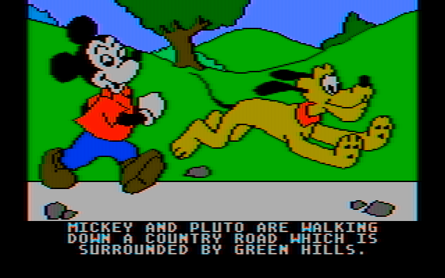 Mickey's Space Adventure IBM PC/Compatibles Screenshot: The game begins with Mickey and Pluto taking a walk.