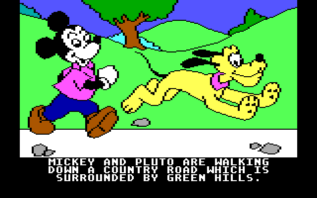 Mickey's Space Adventure IBM PC/Compatibles Screenshot: The game starts with Mickey and Pluto taking a walk...