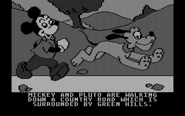 Mickey's Space Adventure IBM PC/Compatibles Screenshot: The game starts with Mickey and Pluto taking a walk...