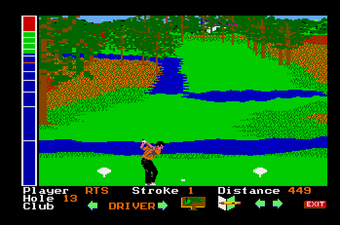 Mean 18 Apple IIgs Screenshot: Teeing off...the blue in the meter is how much power you're using for the shot.
