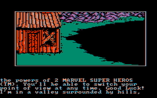 Questprobe featuring Human Torch and the Thing IBM PC/Compatibles Screenshot: Outside a shack next to a tar pit...