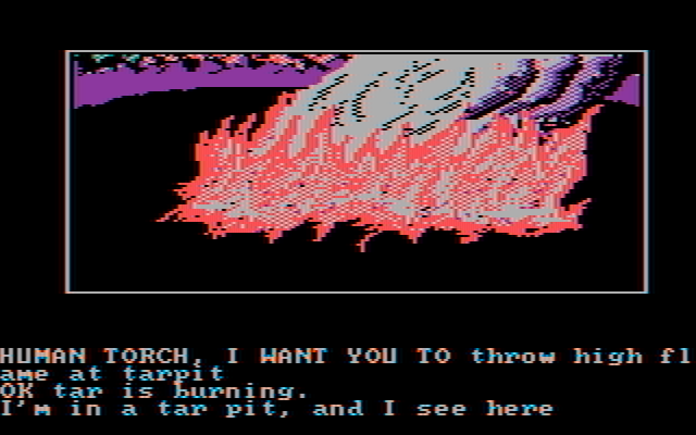 Questprobe featuring Human Torch and the Thing IBM PC/Compatibles Screenshot: The tarpit is on fire!