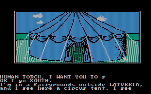 Questprobe featuring Human Torch and the Thing IBM PC/Compatibles Screenshot: Outside a circus tent.