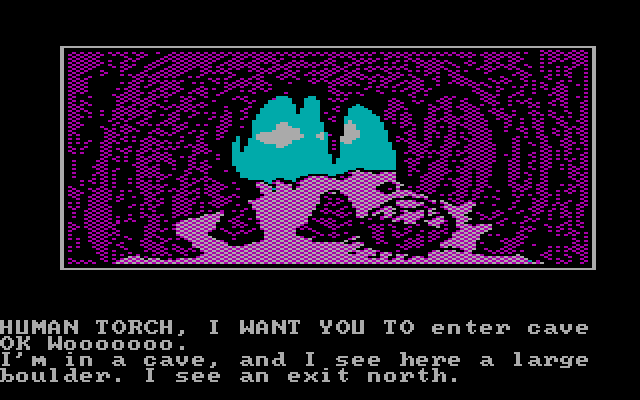 Questprobe featuring Human Torch and the Thing IBM PC/Compatibles Screenshot: There's always a cave! So, time to explore...