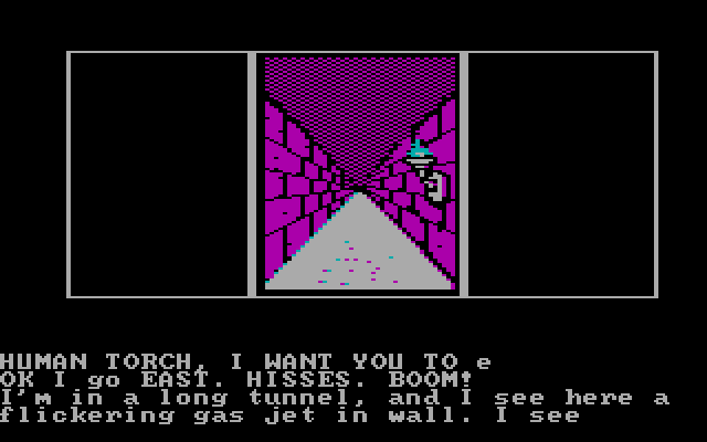 Questprobe featuring Human Torch and the Thing IBM PC/Compatibles Screenshot: A long tunnel, and a flickering gas jet...