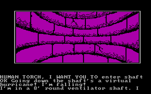 Questprobe featuring Human Torch and the Thing IBM PC/Compatibles Screenshot: Falling down a shaft...