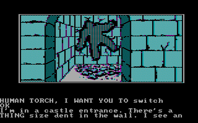 Questprobe featuring Human Torch and the Thing IBM PC/Compatibles Screenshot: A crash landing...