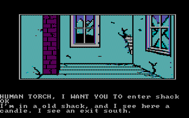 Questprobe featuring Human Torch and the Thing IBM PC/Compatibles Screenshot: Inside the shack.