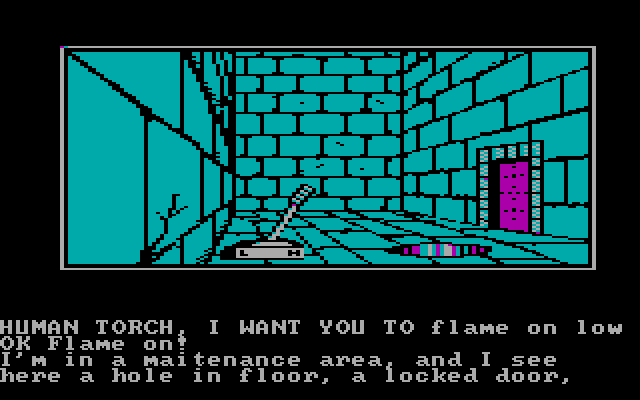 Questprobe featuring Human Torch and the Thing IBM PC/Compatibles Screenshot: Ah, a lever! What could this do?