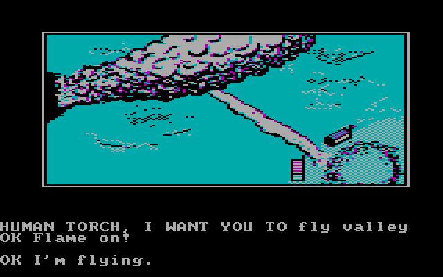 Questprobe featuring Human Torch and the Thing IBM PC/Compatibles Screenshot: Flying! What have I found here?