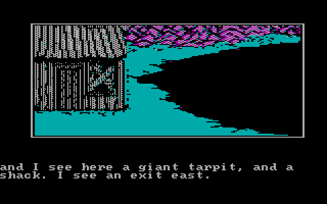 Questprobe featuring Human Torch and the Thing IBM PC/Compatibles Screenshot: We start out with a shack and a dangerous tar pit...