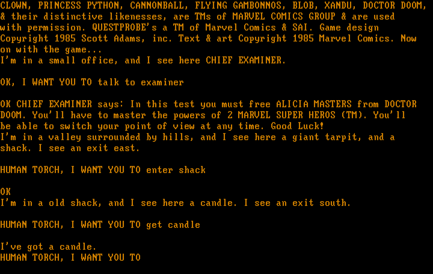 Questprobe featuring Human Torch and the Thing IBM PC/Compatibles Screenshot: There's an old shack here...what items can I find?