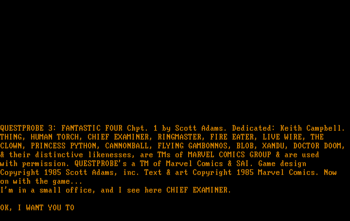 Questprobe featuring Human Torch and the Thing IBM PC/Compatibles Screenshot: The game begins here.
