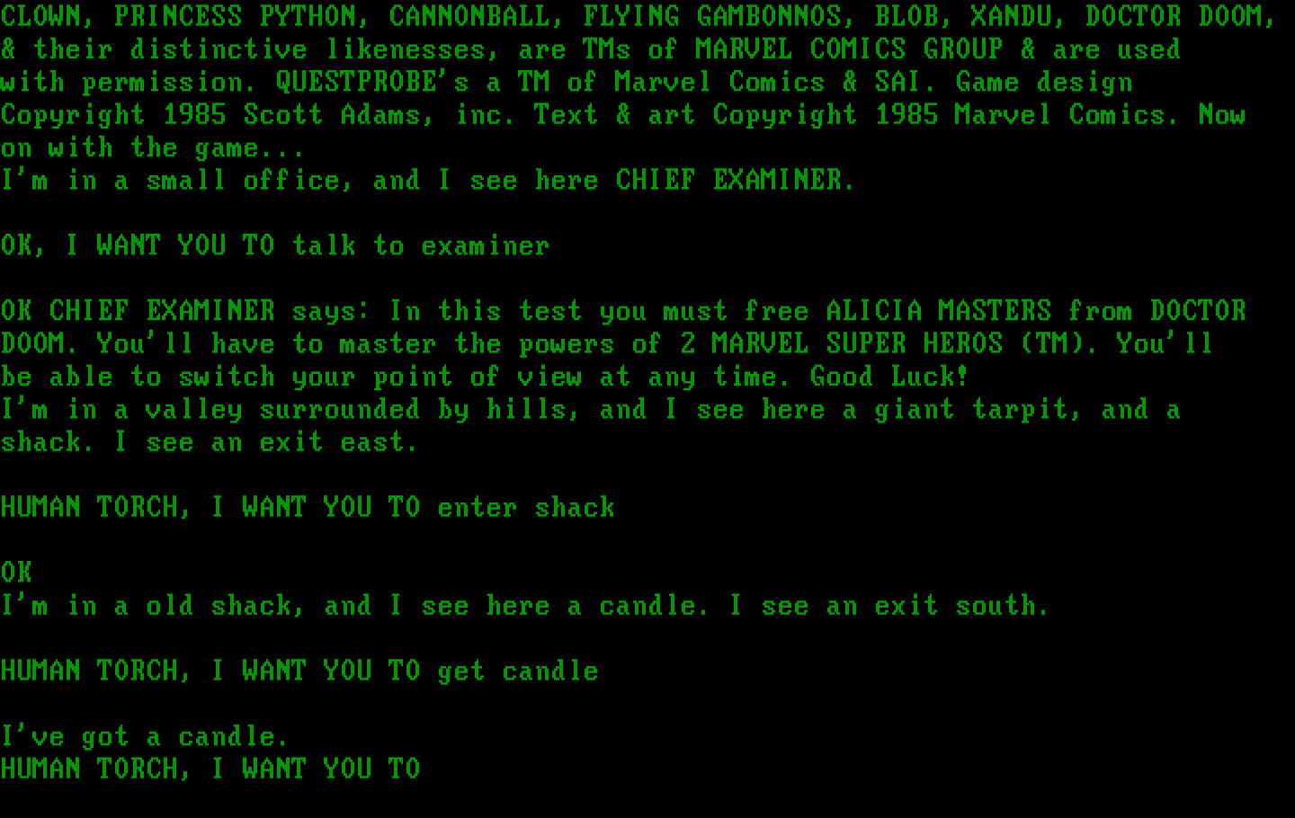 Questprobe featuring Human Torch and the Thing IBM PC/Compatibles Screenshot: There's an old shack here...what items can I find?