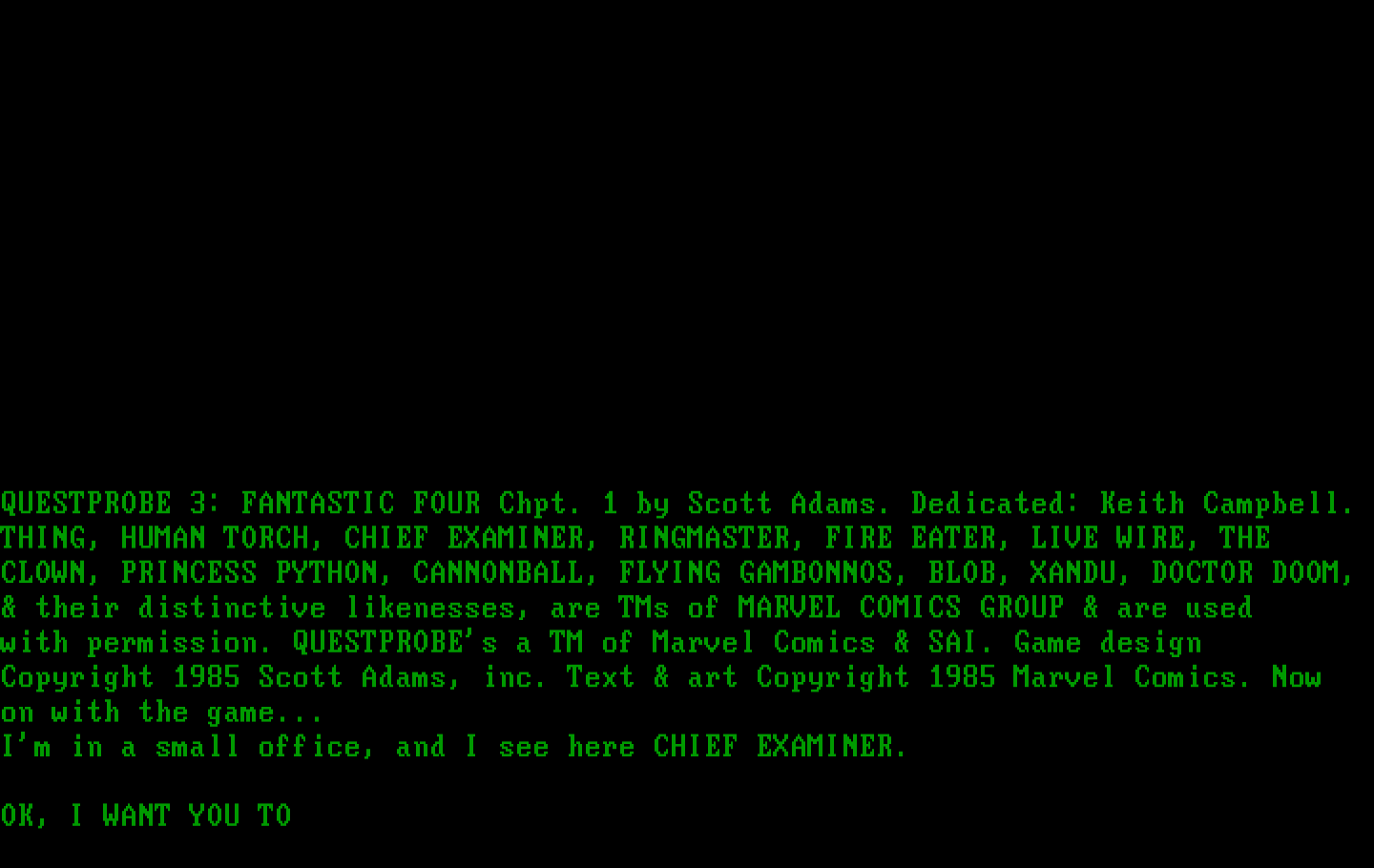 Questprobe featuring Human Torch and the Thing IBM PC/Compatibles Screenshot: The game begins here.