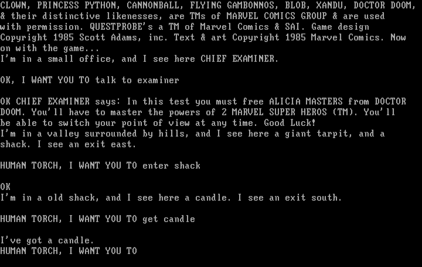 Questprobe featuring Human Torch and the Thing IBM PC/Compatibles Screenshot: There's an old shack here...what items can I find?