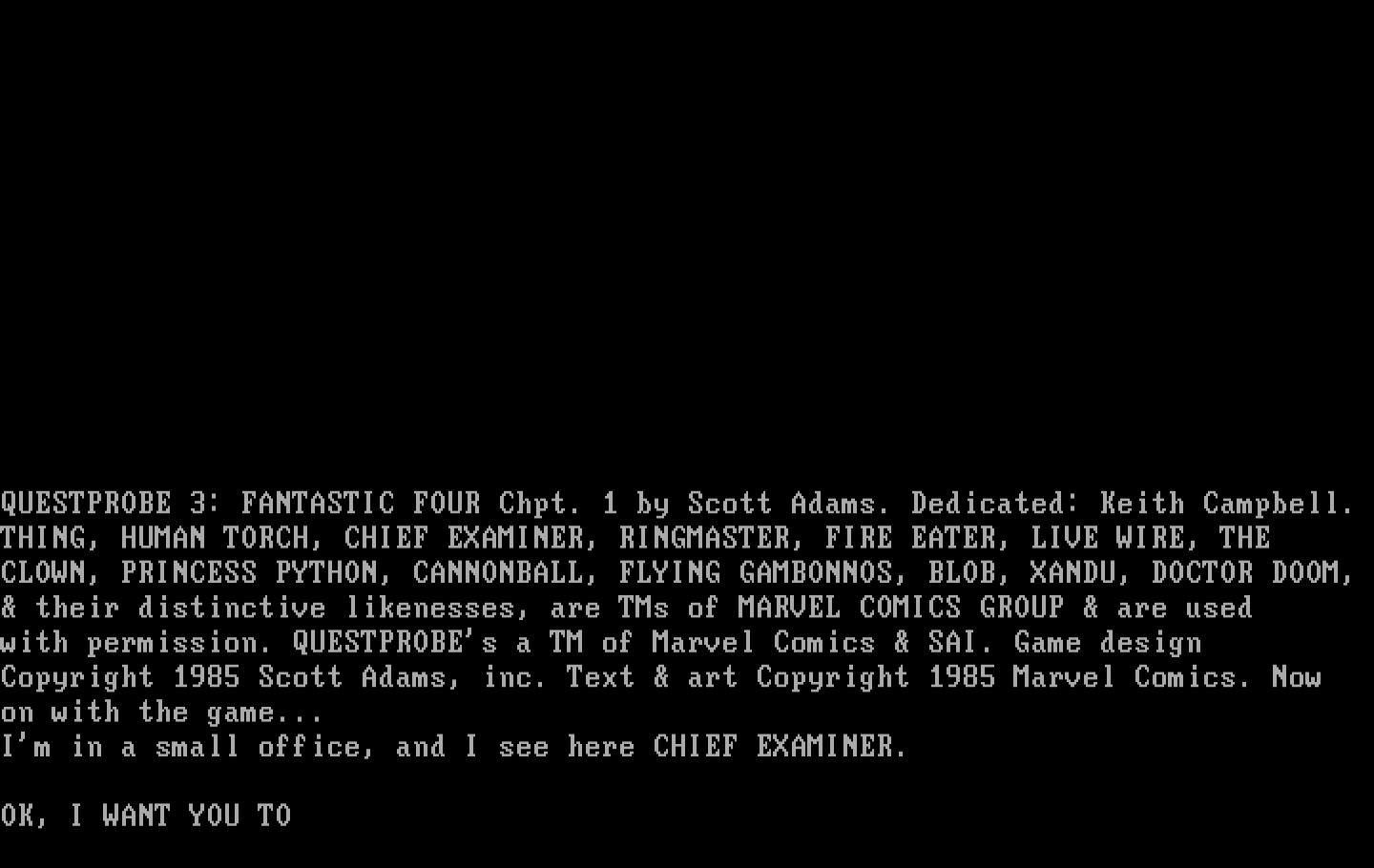 Questprobe featuring Human Torch and the Thing IBM PC/Compatibles Screenshot: The game begins here.
