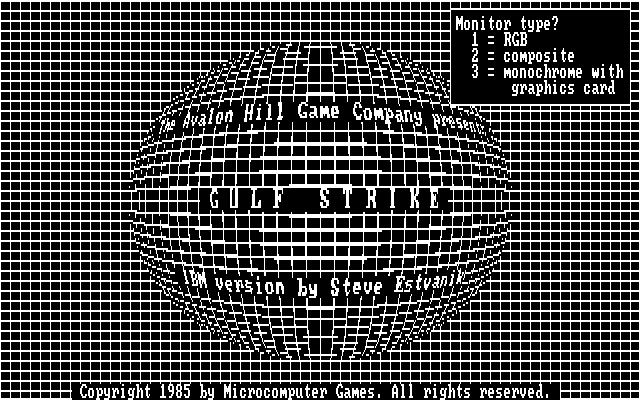 Gulf Strike IBM PC/Compatibles Screenshot: Title screen and monitor type selection.