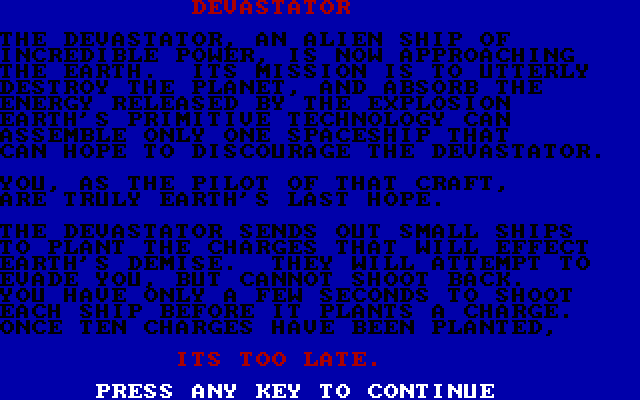 Devastator IBM PC/Compatibles Screenshot: Title screen and introduction.