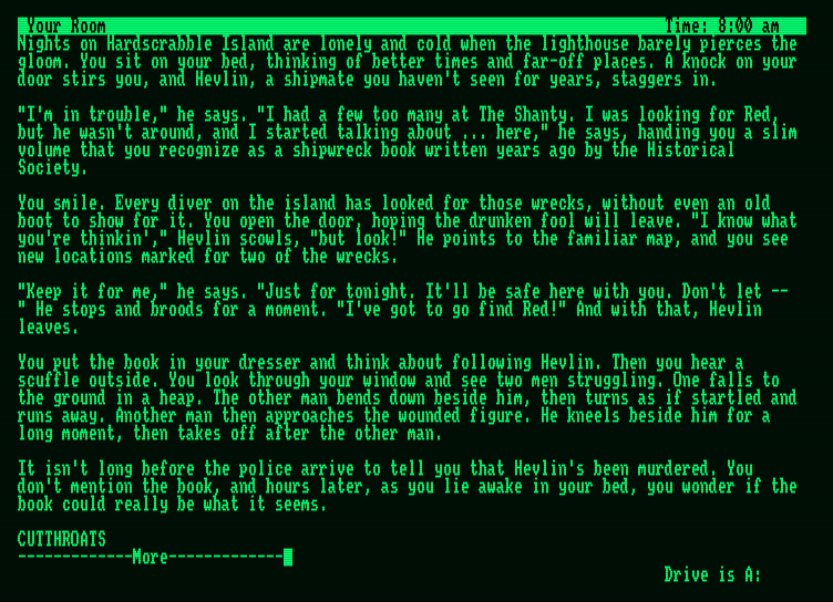 Cutthroats Amstrad PCW Screenshot: Starting screen.