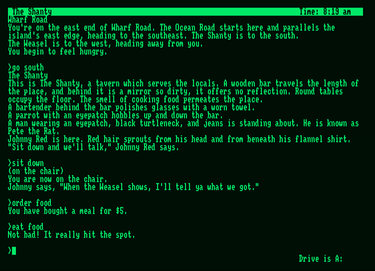 Cutthroats Amstrad PCW Screenshot: First, grab a bite of food...