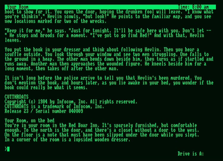 Cutthroats Amstrad PCW Screenshot: Game start.