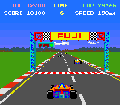 Pole Position Arcade Screenshot: The end of the qualifying lap.