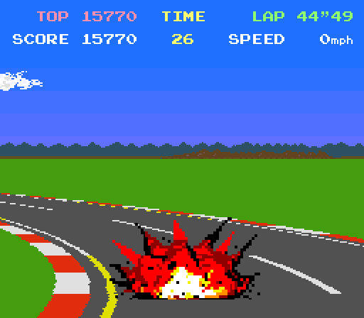 Pole Position Arcade Screenshot: Crashed going around this turn...